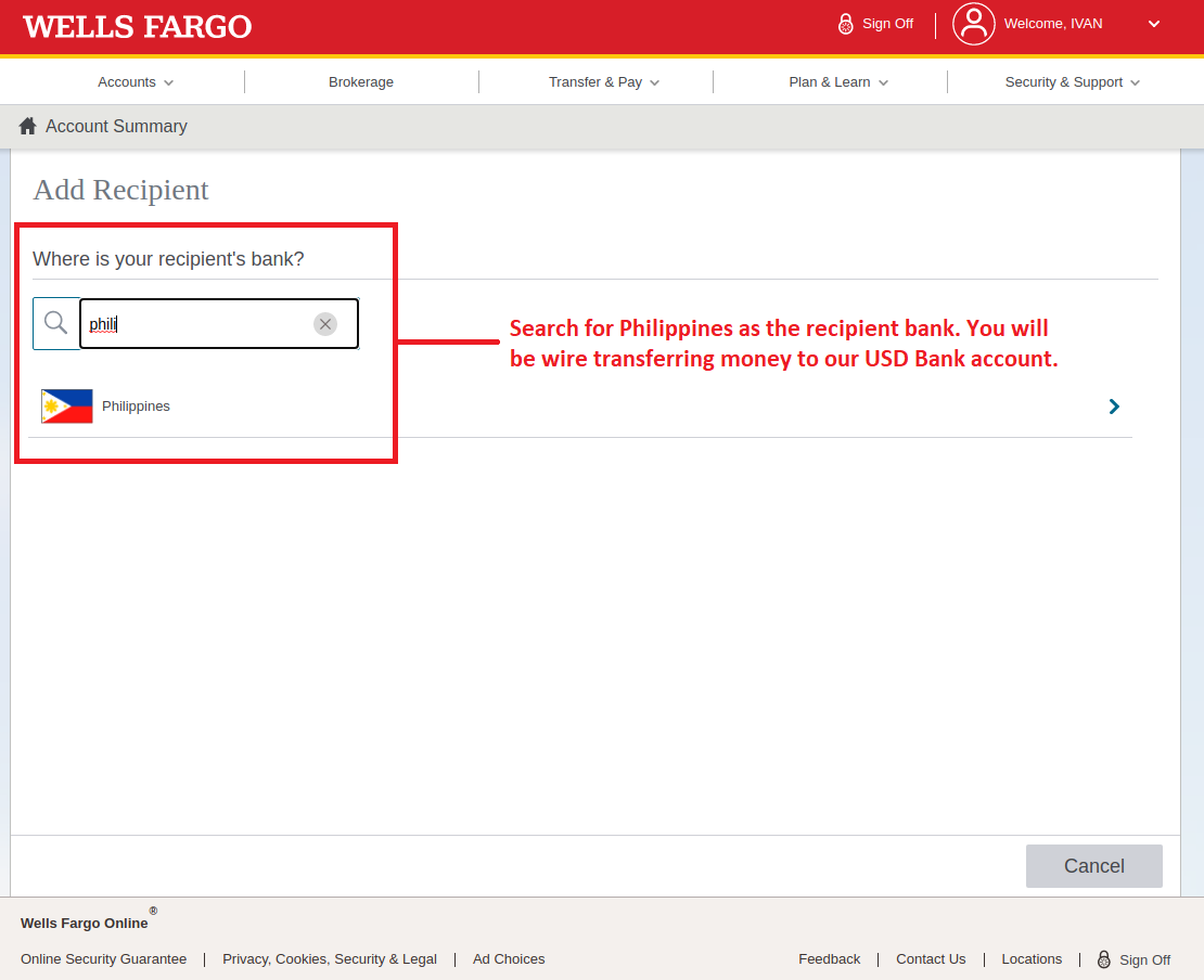 Step 2 How to use Wire Transfer using Wells Fargo bank: Location of recipient bank