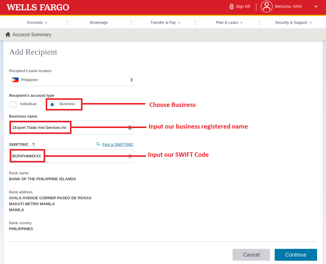Step 3 How to use Wire Transfer using Wells Fargo bank: Fill in recipient details