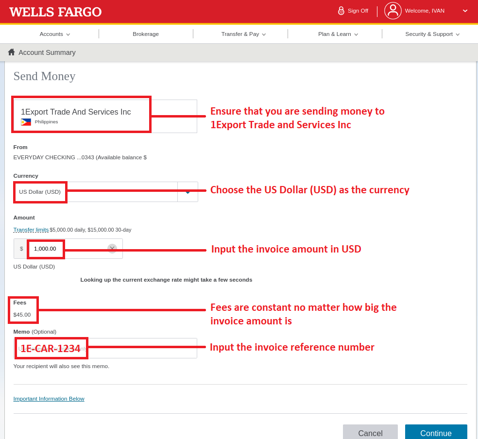 Step 4 How to use Wire Transfer using Wells Fargo bank: Fill in invoice details
